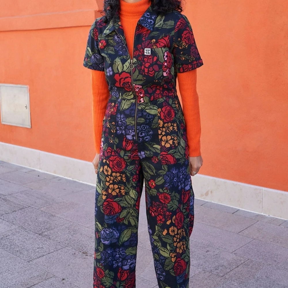 Red and Blue Floral Jumpsuit with Wide-Leg Design